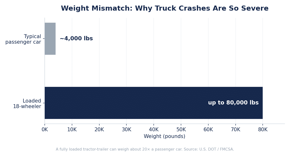 A typical passenger car weighs about 4,000 pounds versus up to 80,000 pounds for a loaded 18-wheeler.