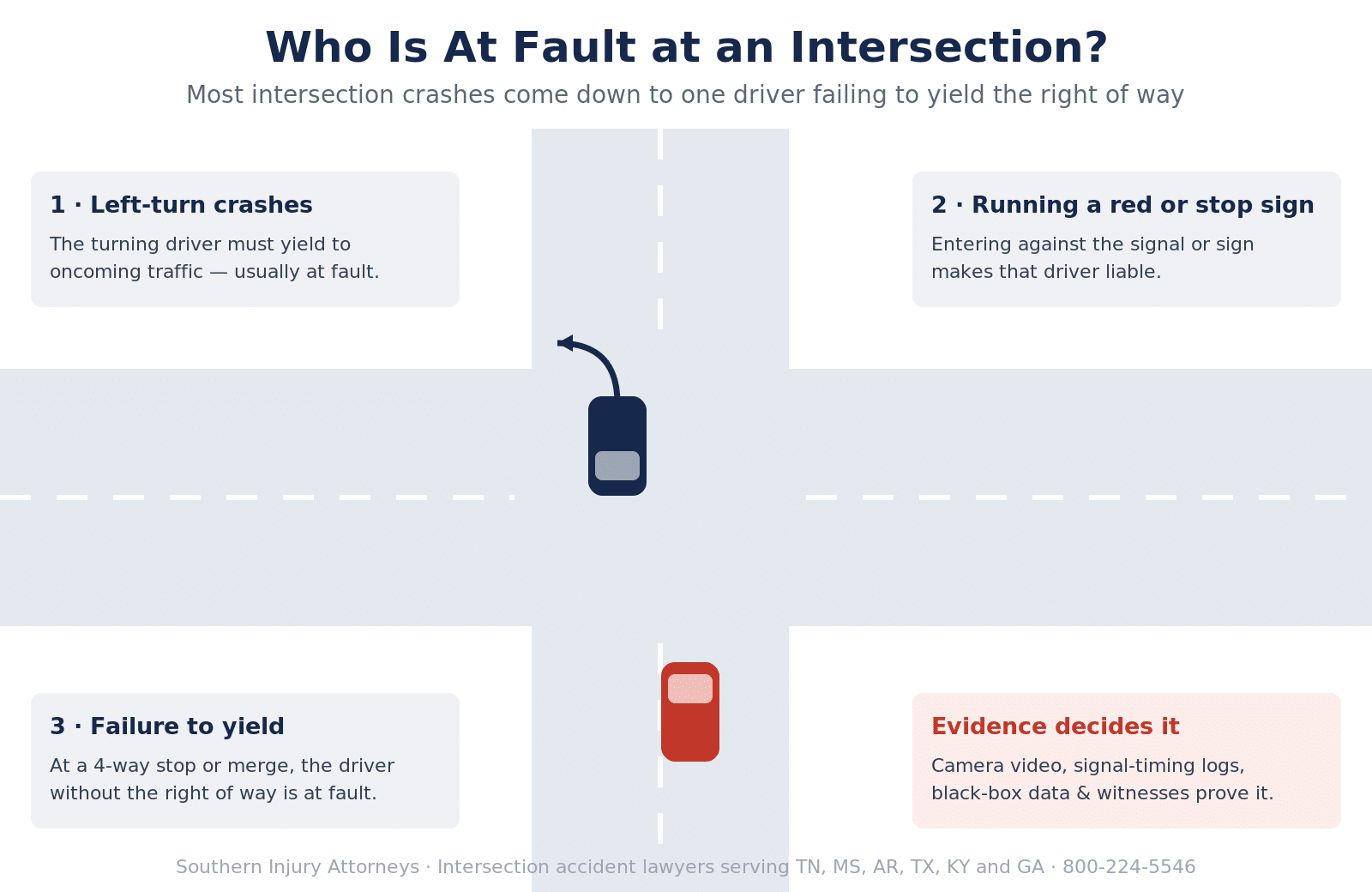 Diagram showing the main ways drivers cause intersection crashes: unsafe left turns across oncoming traffic, running a red light or stop sign, and failure to yield — with evidence such as camera video and signal-timing logs deciding fault.
