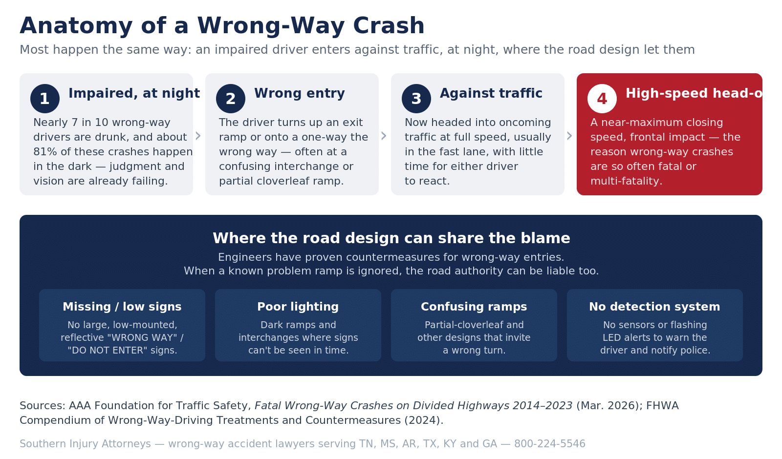 Infographic showing the anatomy of a wrong-way crash: an impaired driver enters a freeway the wrong way via an exit ramp at night, drives against traffic, and causes a high-speed head-on collision, with callouts on where road design failed — missing or low signs, poor lighting, confusing ramps, and no wrong-way detection system.