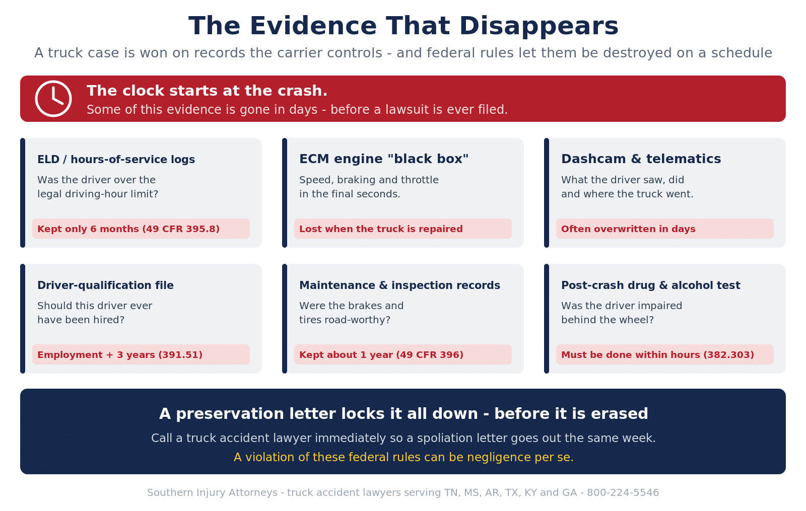 Infographic titled The Evidence That Disappears, showing how long a trucking company must keep key records — ELD hours-of-service logs only 6 months, the ECM black box lost when the truck is repaired, dashcam and telematics often overwritten in days, the driver-qualification file kept employment plus 3 years, maintenance records about a year, and the post-crash drug test done within hours — and why a preservation letter must go out immediately.