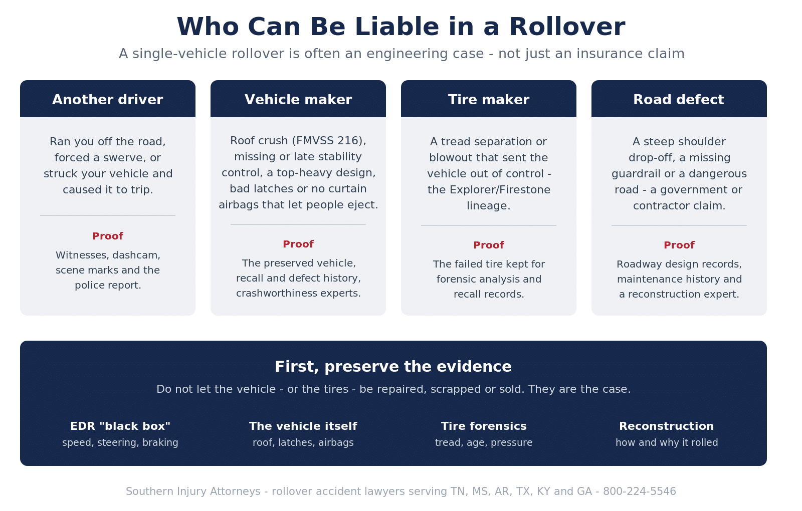 Infographic showing who can be liable in a rollover — another driver, the vehicle manufacturer (roof crush, no electronic stability control, ejection), the tire manufacturer (tread separation), or a road defect — and the evidence that proves each, including the event data recorder, the preserved vehicle, tire forensics, and accident reconstruction.