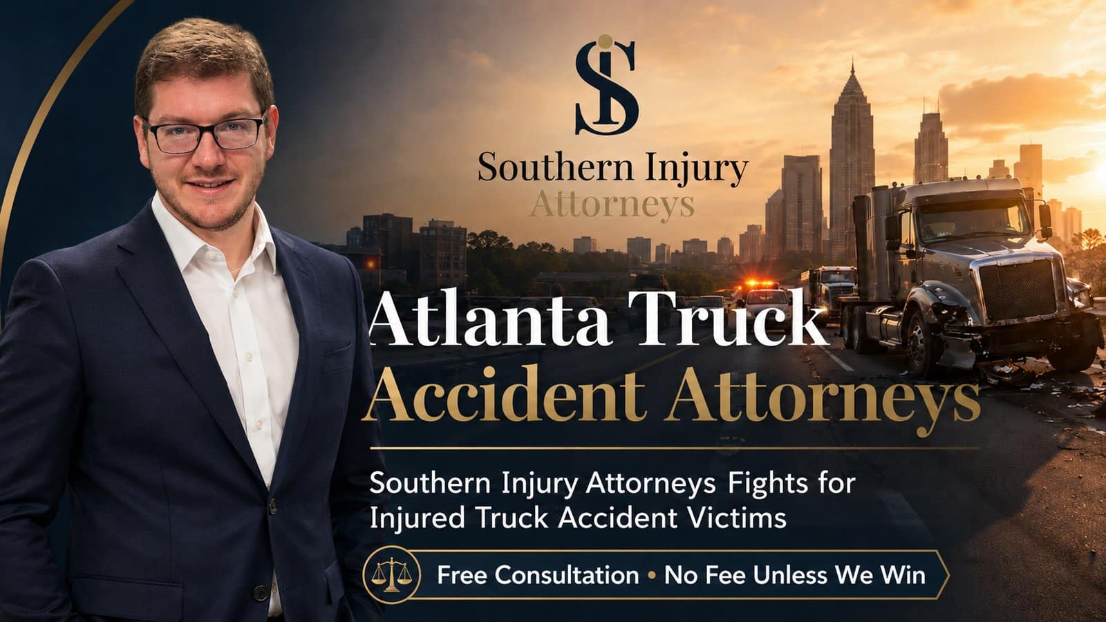 Atlanta truck accident attorneys — Southern Injury Attorneys: attorney with a wrecked 18-wheeler and the Atlanta skyline; free consultation, no fee unless we win