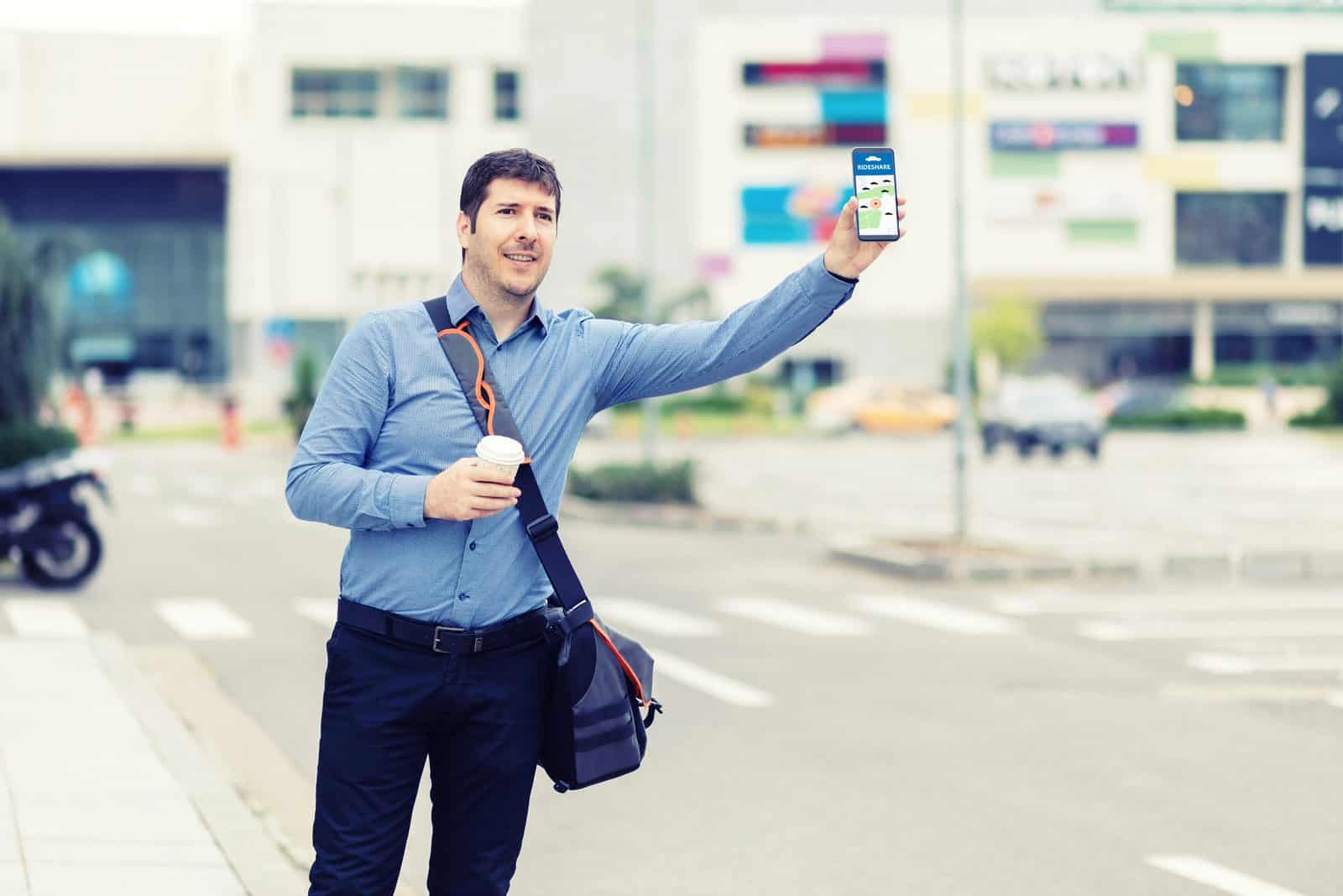 Passenger using an Uber or Lyft rideshare app in Cordova, Tennessee