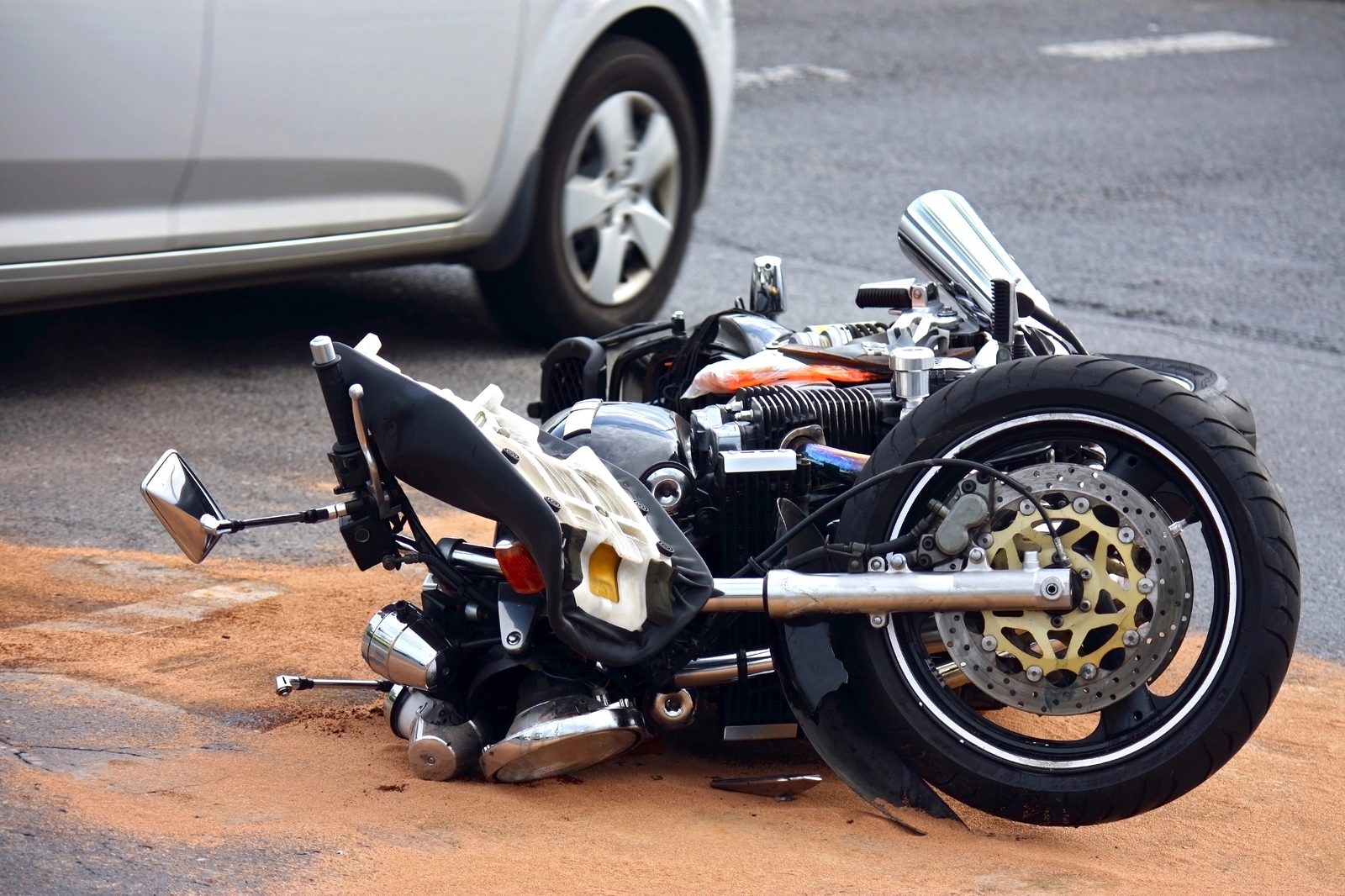 Motorcycle down in the street after a crash in Germantown, Tennessee