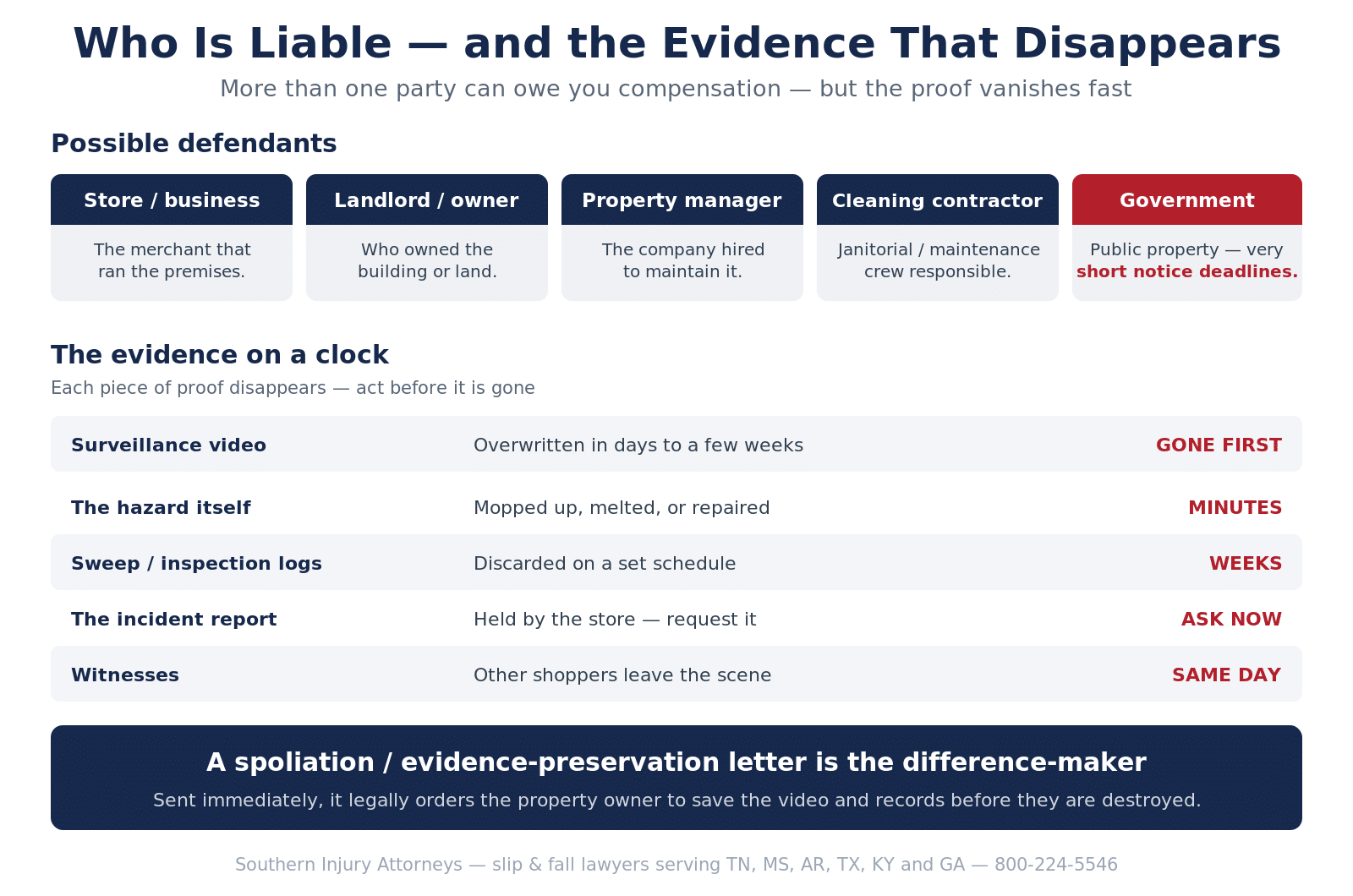 Infographic explaining who is liable in a slip and fall: property owner duties to invitees, licensees, and trespassers
